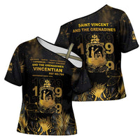 Saint Vincent And The Grenadines 1979 Cross Shoulder Shirt Gold Tropical Leaves And Coat Of Arms - Wonder Print Shop