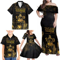 Saint Vincent And The Grenadines 1979 Family Matching Off Shoulder Maxi Dress and Hawaiian Shirt Gold Tropical Leaves And Coat Of Arms - Wonder Print Shop