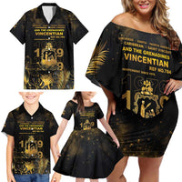 Saint Vincent And The Grenadines 1979 Family Matching Off Shoulder Short Dress and Hawaiian Shirt Gold Tropical Leaves And Coat Of Arms - Wonder Print Shop