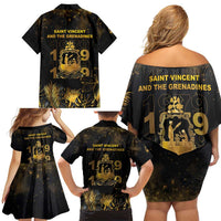 Saint Vincent And The Grenadines 1979 Family Matching Off Shoulder Short Dress and Hawaiian Shirt Gold Tropical Leaves And Coat Of Arms - Wonder Print Shop