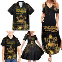 Saint Vincent And The Grenadines 1979 Family Matching Summer Maxi Dress and Hawaiian Shirt Gold Tropical Leaves And Coat Of Arms - Wonder Print Shop
