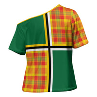 Dominica Creole Day Cross Shoulder Shirt Coat Of Arms Madras Plaid Pattern