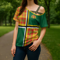 Dominica Creole Day Cross Shoulder Shirt Coat Of Arms Madras Plaid Pattern