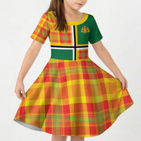 Dominica Creole Day Kid Short Sleeve Dress Coat Of Arms Madras Plaid Pattern