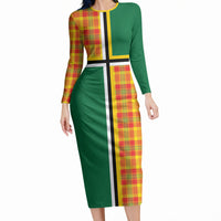 Dominica Creole Day Long Sleeve Bodycon Dress Coat Of Arms Madras Plaid Pattern