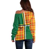 Dominica Creole Day Off Shoulder Sweater Coat Of Arms Madras Plaid Pattern