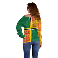 Dominica Creole Day Off Shoulder Sweater Coat Of Arms Madras Plaid Pattern