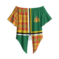 Dominica Creole Day Off Shoulder Wrap Waist Top Coat Of Arms Madras Plaid Pattern