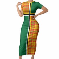 Dominica Creole Day Short Sleeve Bodycon Dress Coat Of Arms Madras Plaid Pattern