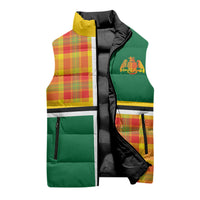 Dominica Creole Day Sleeveless Puffer Jacket Coat Of Arms Madras Plaid Pattern