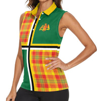 Dominica Creole Day Women Sleeveless Polo Shirt Coat Of Arms Madras Plaid Pattern