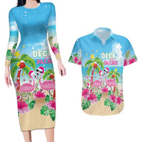 Hawaii Christmas Couples Matching Long Sleeve Bodycon Dress and Hawaiian Shirt Deck The Palms Holiday Flamingos LT05 - Wonder Print Shop