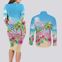 Hawaii Christmas Couples Matching Long Sleeve Bodycon Dress and Long Sleeve Button Shirt Deck The Palms Holiday Flamingos LT05 - Wonder Print Shop