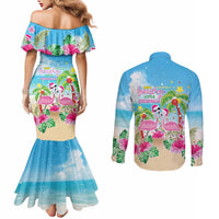 Hawaii Christmas Couples Matching Mermaid Dress and Long Sleeve Button Shirt Deck The Palms Holiday Flamingos