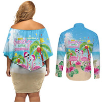 Hawaii Christmas Couples Matching Off Shoulder Short Dress and Long Sleeve Button Shirt Deck The Palms Holiday Flamingos LT05 - Wonder Print Shop