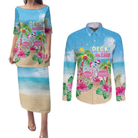Hawaii Christmas Couples Matching Puletasi and Long Sleeve Button Shirt Deck The Palms Holiday Flamingos LT05 - Wonder Print Shop