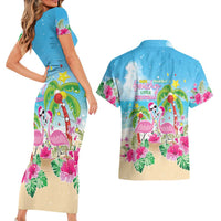Hawaii Christmas Couples Matching Short Sleeve Bodycon Dress and Hawaiian Shirt Deck The Palms Holiday Flamingos LT05 - Wonder Print Shop