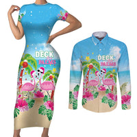 Hawaii Christmas Couples Matching Short Sleeve Bodycon Dress and Long Sleeve Button Shirt Deck The Palms Holiday Flamingos LT05 - Wonder Print Shop