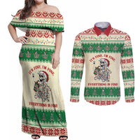Funny Skeleton Christmas Couples Matching Off Shoulder Maxi Dress and Long Sleeve Button Shirt It's Fine I'm Fine Everything Is Fine - Wonder Print Shop