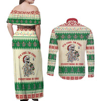 Funny Skeleton Christmas Couples Matching Off Shoulder Maxi Dress and Long Sleeve Button Shirt It's Fine I'm Fine Everything Is Fine - Wonder Print Shop