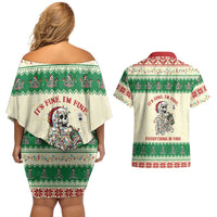 Funny Skeleton Christmas Couples Matching Off Shoulder Short Dress and Hawaiian Shirt It's Fine I'm Fine Everything Is Fine - Wonder Print Shop