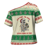 Funny Skeleton Christmas Cross Shoulder Shirt It's Fine I'm Fine Everything Is Fine - Wonder Print Shop