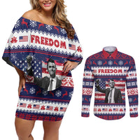 Freedom Charlie Kirk Tribute Christmas Couples Matching Off Shoulder Short Dress and Long Sleeve Button Shirt American Flag - Wonder Print Shop