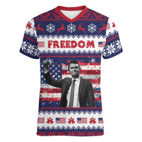 Freedom Charlie Kirk Tribute Christmas Women V-Neck T-Shirt American Flag - Wonder Print Shop