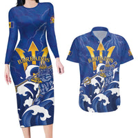 Personalized Barbados Couples Matching Long Sleeve Bodycon Dress and Hawaiian Shirt Poseidon Trident
