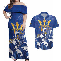 Personalized Barbados Couples Matching Off Shoulder Maxi Dress and Hawaiian Shirt Poseidon Trident