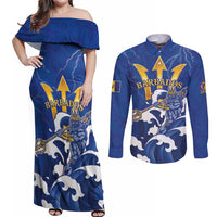 Personalized Barbados Couples Matching Off Shoulder Maxi Dress and Long Sleeve Button Shirt Poseidon Trident