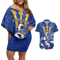 Personalized Barbados Couples Matching Off Shoulder Short Dress and Hawaiian Shirt Poseidon Trident