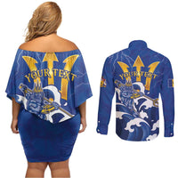 Personalized Barbados Couples Matching Off Shoulder Short Dress and Long Sleeve Button Shirt Poseidon Trident