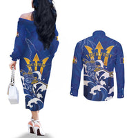 Personalized Barbados Couples Matching Off The Shoulder Long Sleeve Dress and Long Sleeve Button Shirt Poseidon Trident