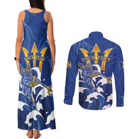 Personalized Barbados Couples Matching Tank Maxi Dress and Long Sleeve Button Shirt Poseidon Trident