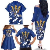 Personalized Barbados Family Matching Off The Shoulder Long Sleeve Dress and Hawaiian Shirt Poseidon Trident