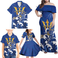 Personalized Barbados Family Matching Off Shoulder Maxi Dress and Hawaiian Shirt Poseidon Trident