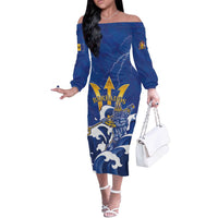 Personalized Barbados Off The Shoulder Long Sleeve Dress Poseidon Trident