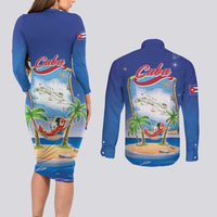 Cuba Couples Matching Long Sleeve Bodycon Dress and Long Sleeve Button Shirt Funny Macaw Decorative Map
