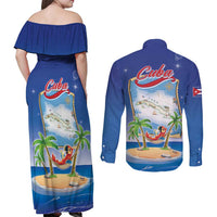 Cuba Couples Matching Off Shoulder Maxi Dress and Long Sleeve Button Shirt Funny Macaw Decorative Map