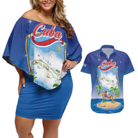 Cuba Couples Matching Off Shoulder Short Dress and Hawaiian Shirt Funny Macaw Decorative Map
