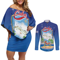 Cuba Couples Matching Off Shoulder Short Dress and Long Sleeve Button Shirt Funny Macaw Decorative Map