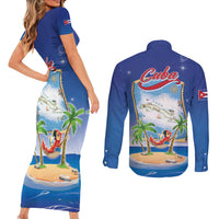 Cuba Couples Matching Short Sleeve Bodycon Dress and Long Sleeve Button Shirt Funny Macaw Decorative Map