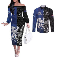 New Zealand And Scotland Rugby Custom Couples Matching Off The Shoulder Long Sleeve Dress and Long Sleeve Button Shirt Maori Tiki With Thistle Together