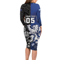 New Zealand And Scotland Rugby Custom Family Matching Long Sleeve Bodycon Dress and Hawaiian Shirt Maori Tiki With Thistle Together