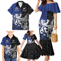 New Zealand And Scotland Rugby Custom Family Matching Mermaid Dress and Hawaiian Shirt Maori Tiki With Thistle Together