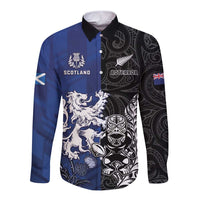 New Zealand And Scotland Rugby Custom Long Sleeve Button Shirt Maori Tiki With Thistle Together