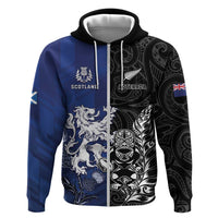New Zealand And Scotland Rugby Custom Zip Hoodie Maori Tiki With Thistle Together