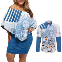 Custom Argentina 2024 Football Couples Matching Off Shoulder Short Dress and Long Sleeve Button Shirt Go Champions La Albiceleste LT05 - Wonder Print Shop
