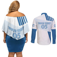 Custom Argentina 2024 Football Couples Matching Off Shoulder Short Dress and Long Sleeve Button Shirt Go Champions La Albiceleste LT05 - Wonder Print Shop
